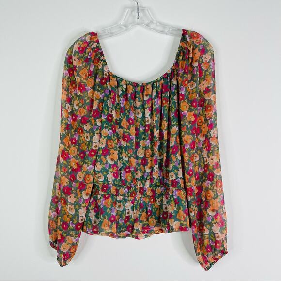 Lauren Conrad green pink floral chiffon boho stretchy cottagecore top large - Picture 7 of 7